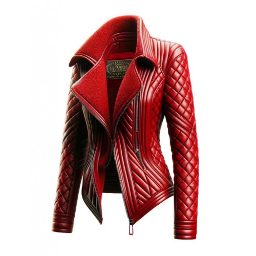 Women Asymmetrical Red Quilted Leather Jacket